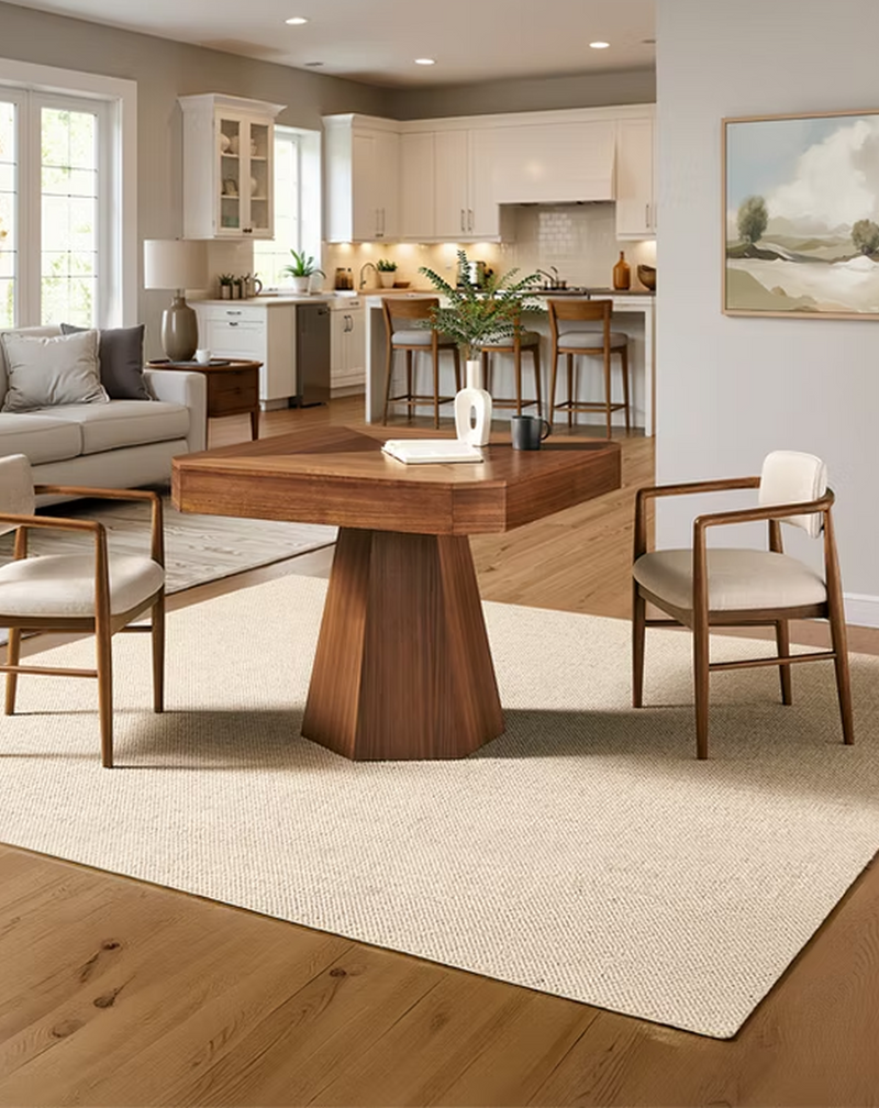 A modern dining setup featuring a square wooden table with a tapered pedestal base, flanked by two mid-century style armchairs with cream upholstery, all arranged on a large textured cream rug in a bright, contemporary living room.