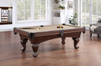 Billiards table in a room with large windows and furniture.